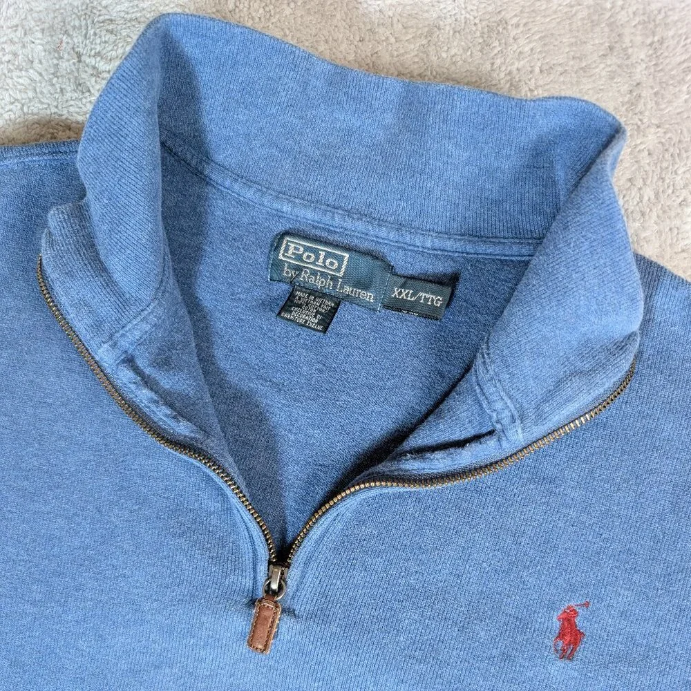 Ralph Lauren Polo Sweater Men XXL Blue 1/4 Zip Pony Pullover Preppy *Fits Small*